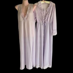 Vintage Bernette Nightgown Set Womens Medium Lavender Lace Sheer Robe Gown 70s